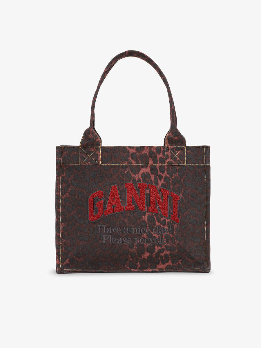 Ganni-Leopard Print Canvas Tote Bag-Racing Red