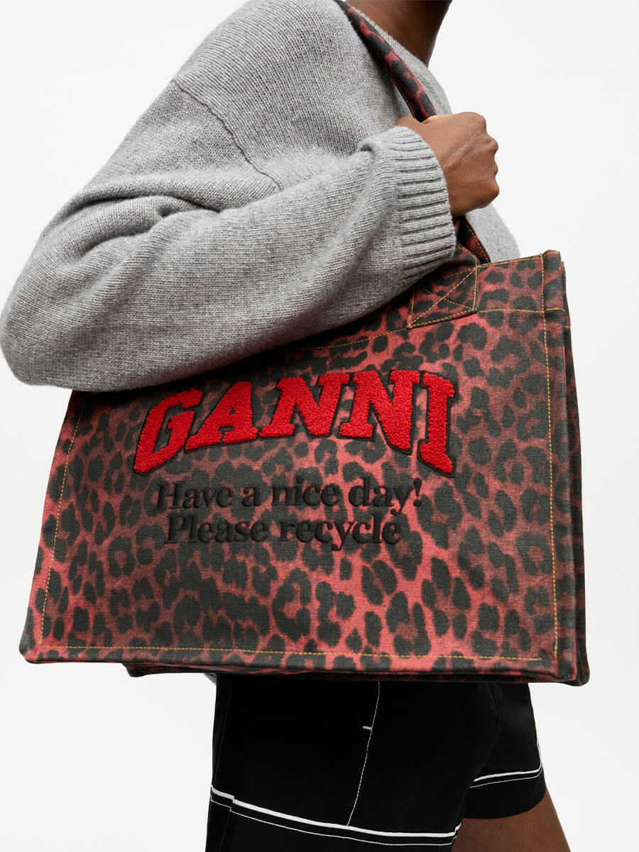 Ganni-Leopard Print Canvas Tote Bag-Racing Red