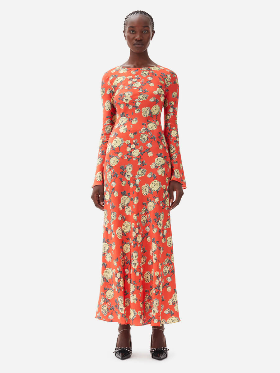 R - Printed Satin Maxi Dress - Poinciana