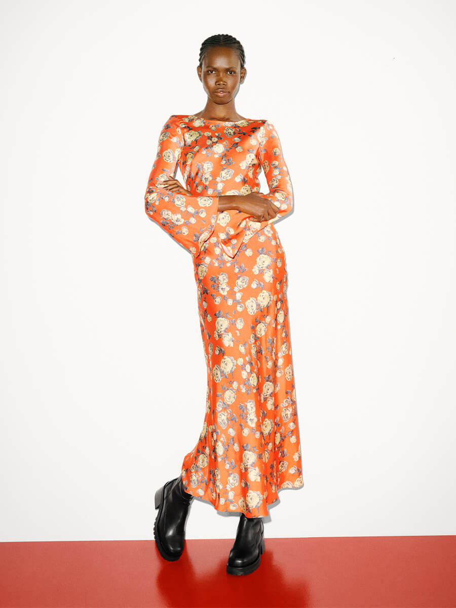 R - Printed Satin Maxi Dress - Poinciana