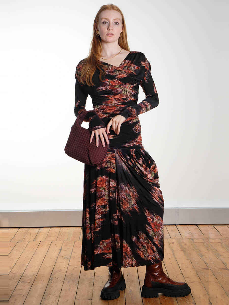 Ganni - Printed Ganni Shiny Jersey Ruched Long Dress