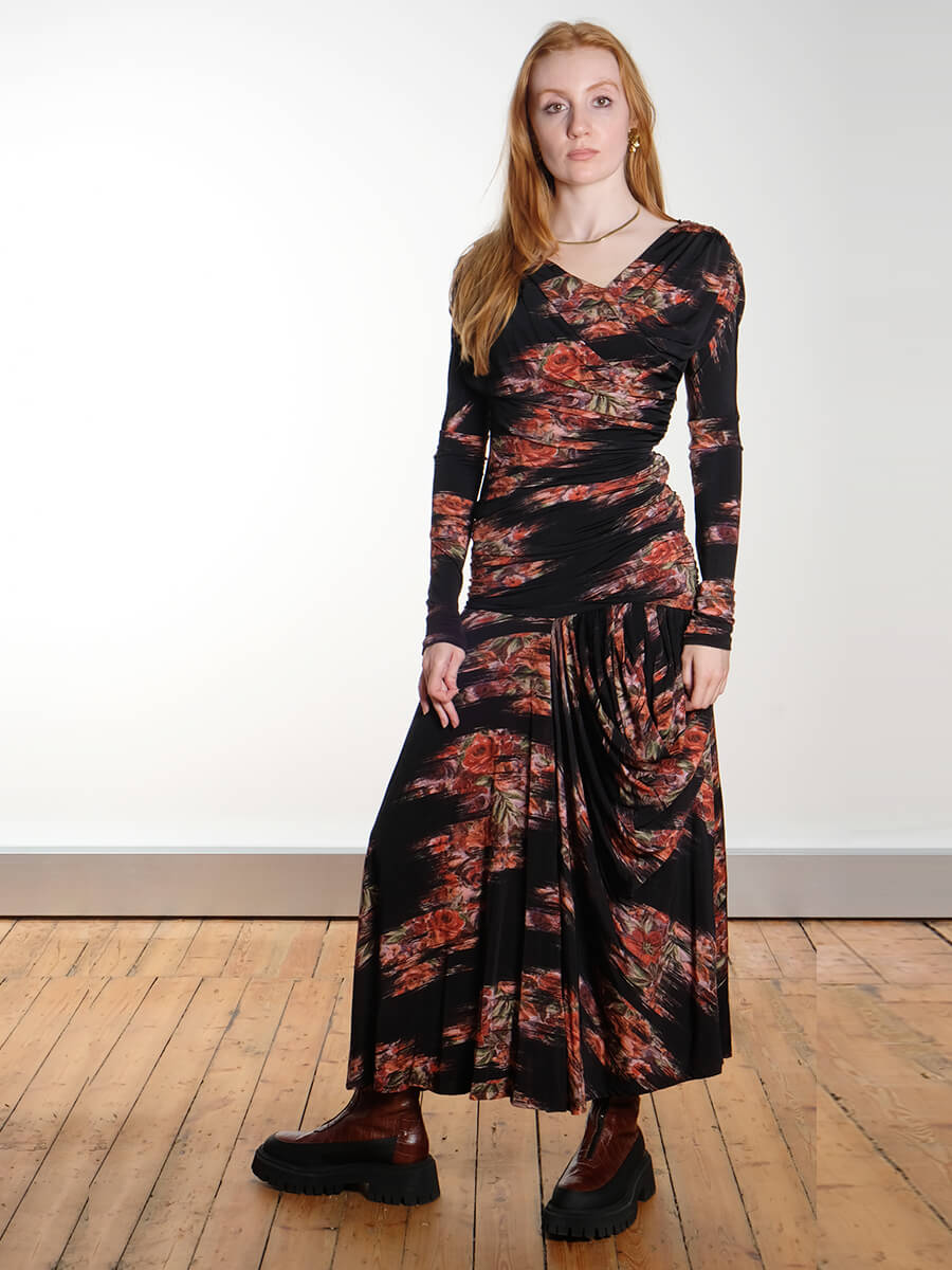 Ganni - Printed Ganni Shiny Jersey Ruched Long Dress