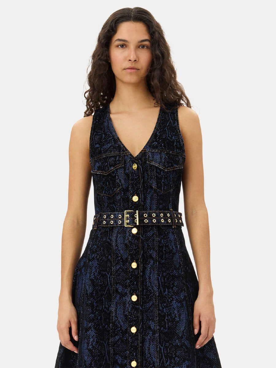 Ganni-Snake-Print-Denim-Midi-Dress