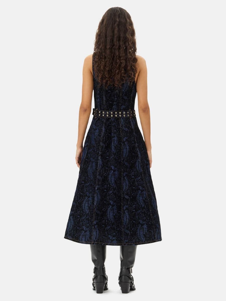 Ganni-Snake-Print-Denim-Midi-Dress