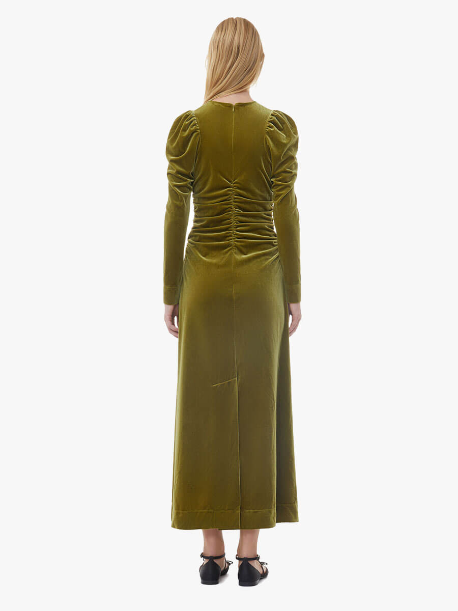 Ganni-Velvet-Jersey-Gathered-Long-Dress-Avocado