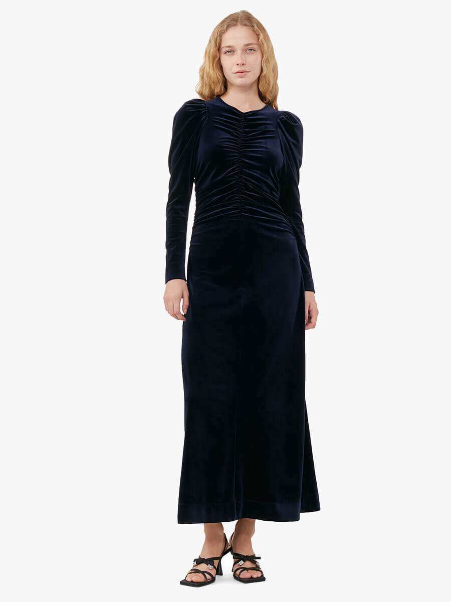 Velvet Jersey Gathered Long Dress - Total Eclipse