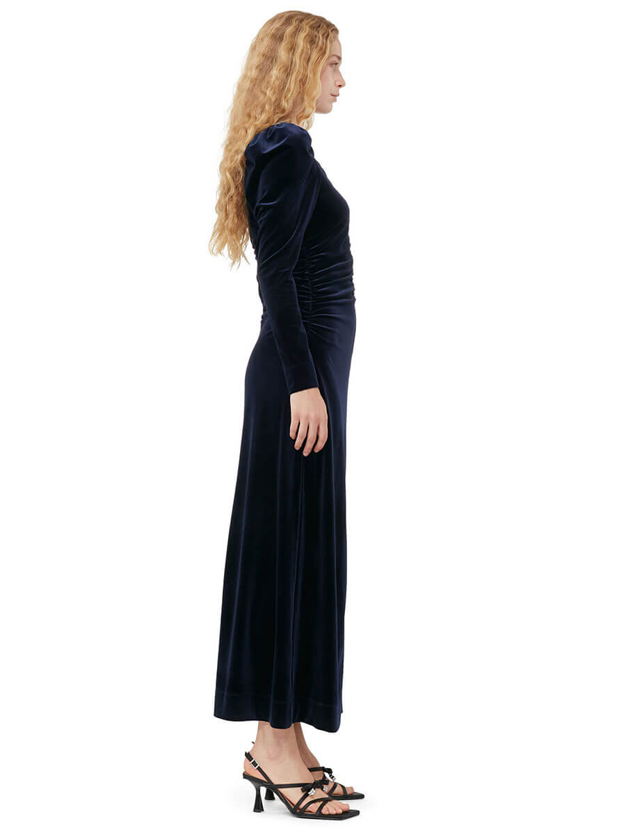 Velvet Jersey Gathered Long Dress - Total Eclipse