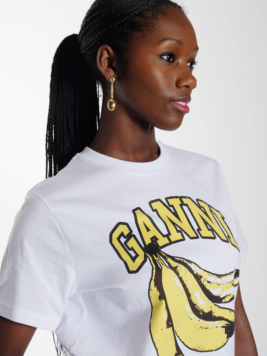 Ganni-White-Relaxed-Banana-T-shirt-+-Ragbag-Reflection-Long-Earrings-Gold