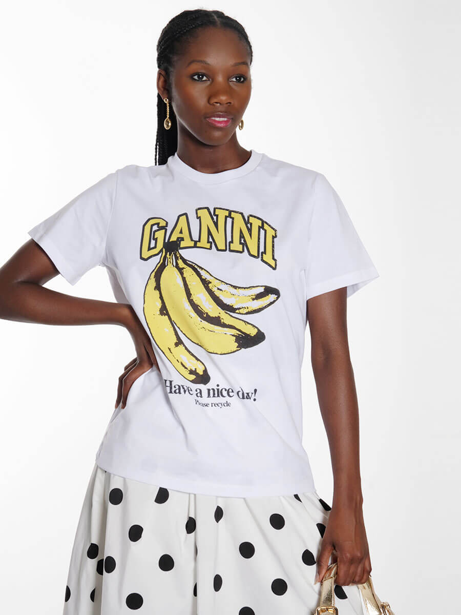 Ganni-White-Relaxed-Banana-T-shirt-+-Ragbag-Reflection-Long-Earrings-Gold