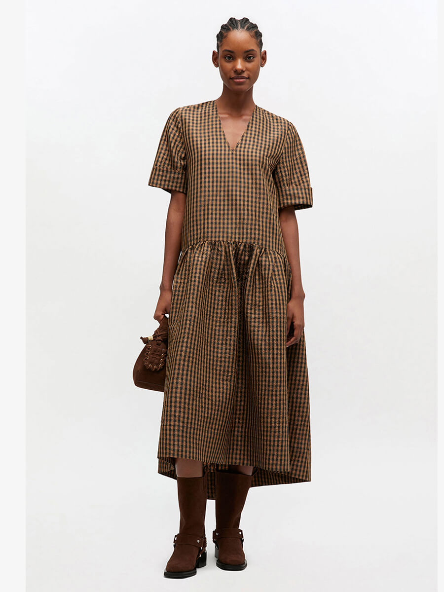 Ganni Crinkled Check Long Dress - Tobacco Brown