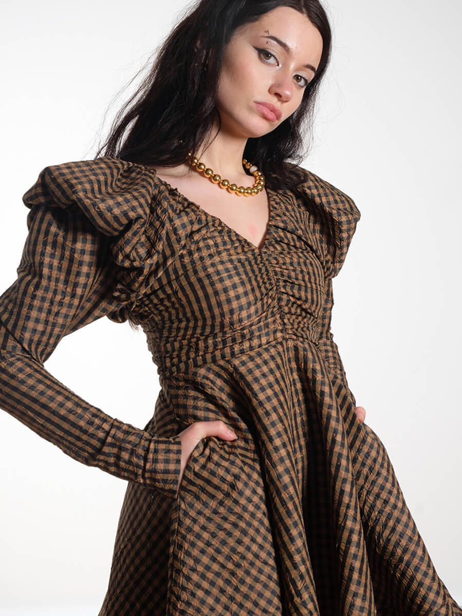 Ganni Crinkled Check Mini Dress - Tobacco Brown