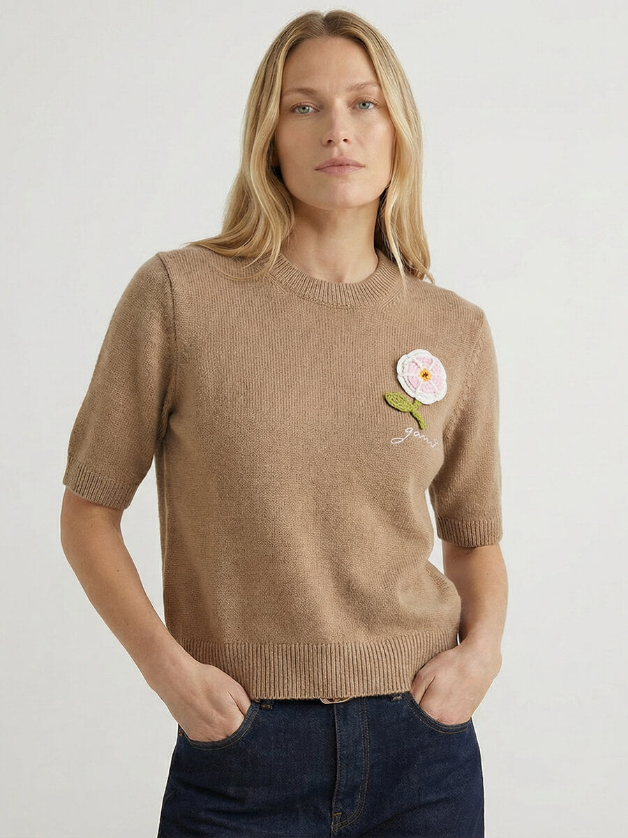 Ganni
Crochet Appliqué Merino Tee - Tobacco Brown