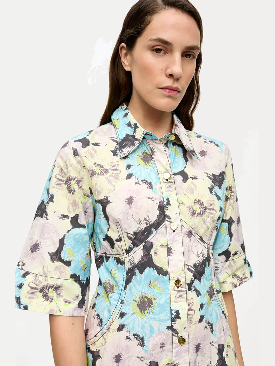 Ganni Floral Printed Cotton Long Shirt Dress