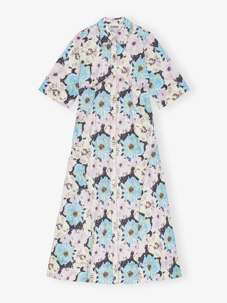 Ganni Floral Printed Cotton Long Shirt Dress