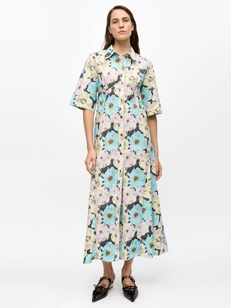 Ganni Floral Printed Cotton Long Shirt Dress