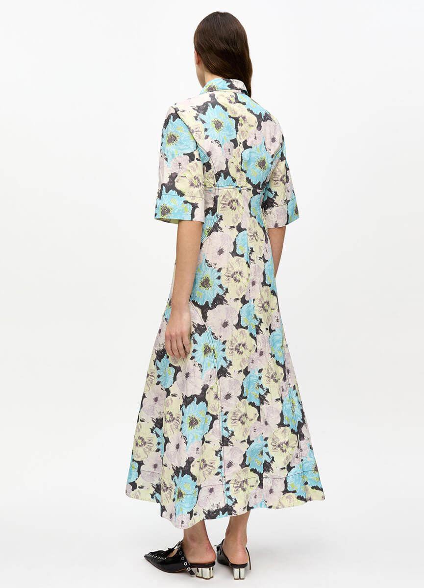 Ganni Floral Printed Cotton Long Shirt Dress