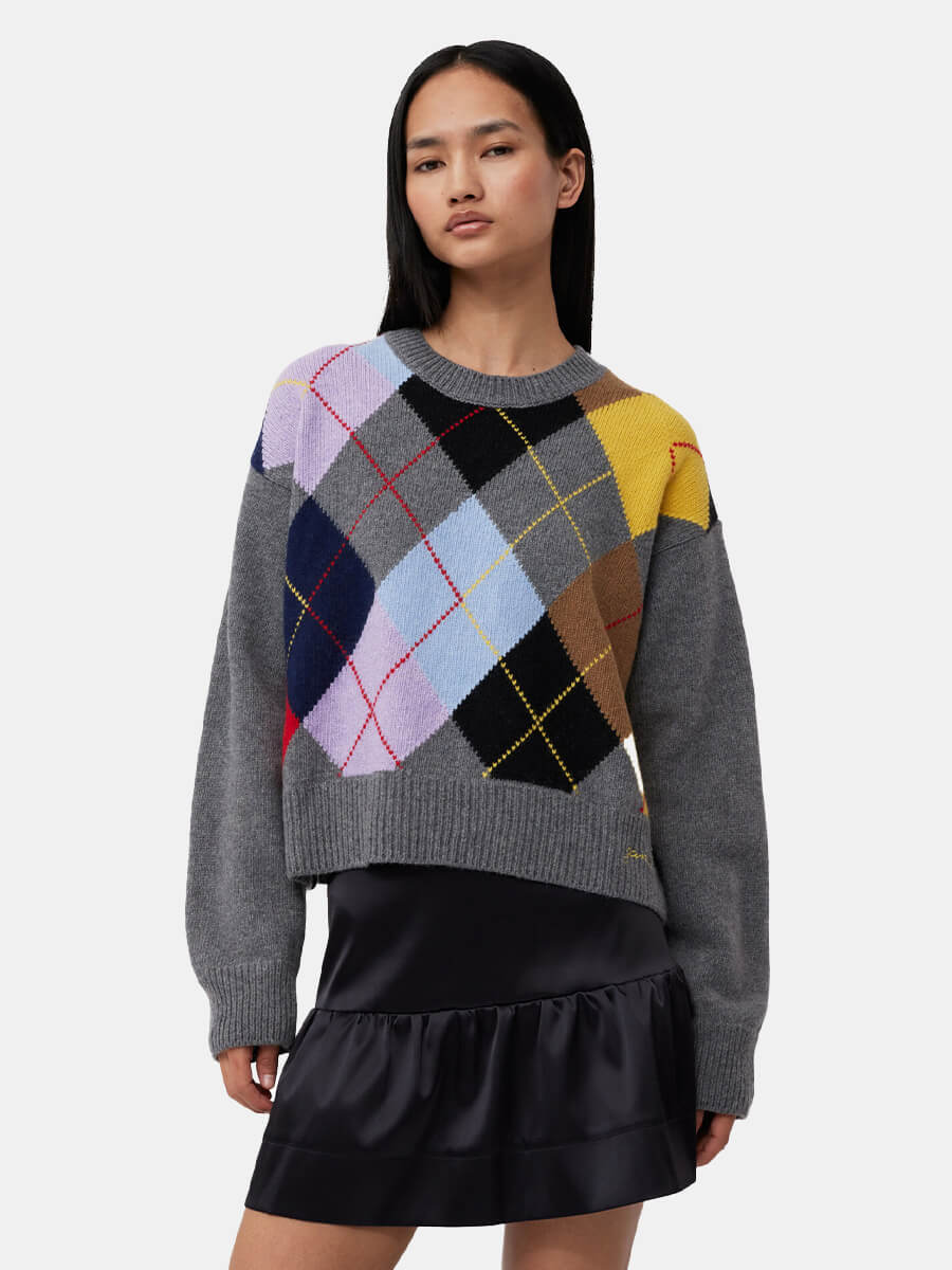 Ganni Harlequin Wool Mix Oversized O-neck Pullover