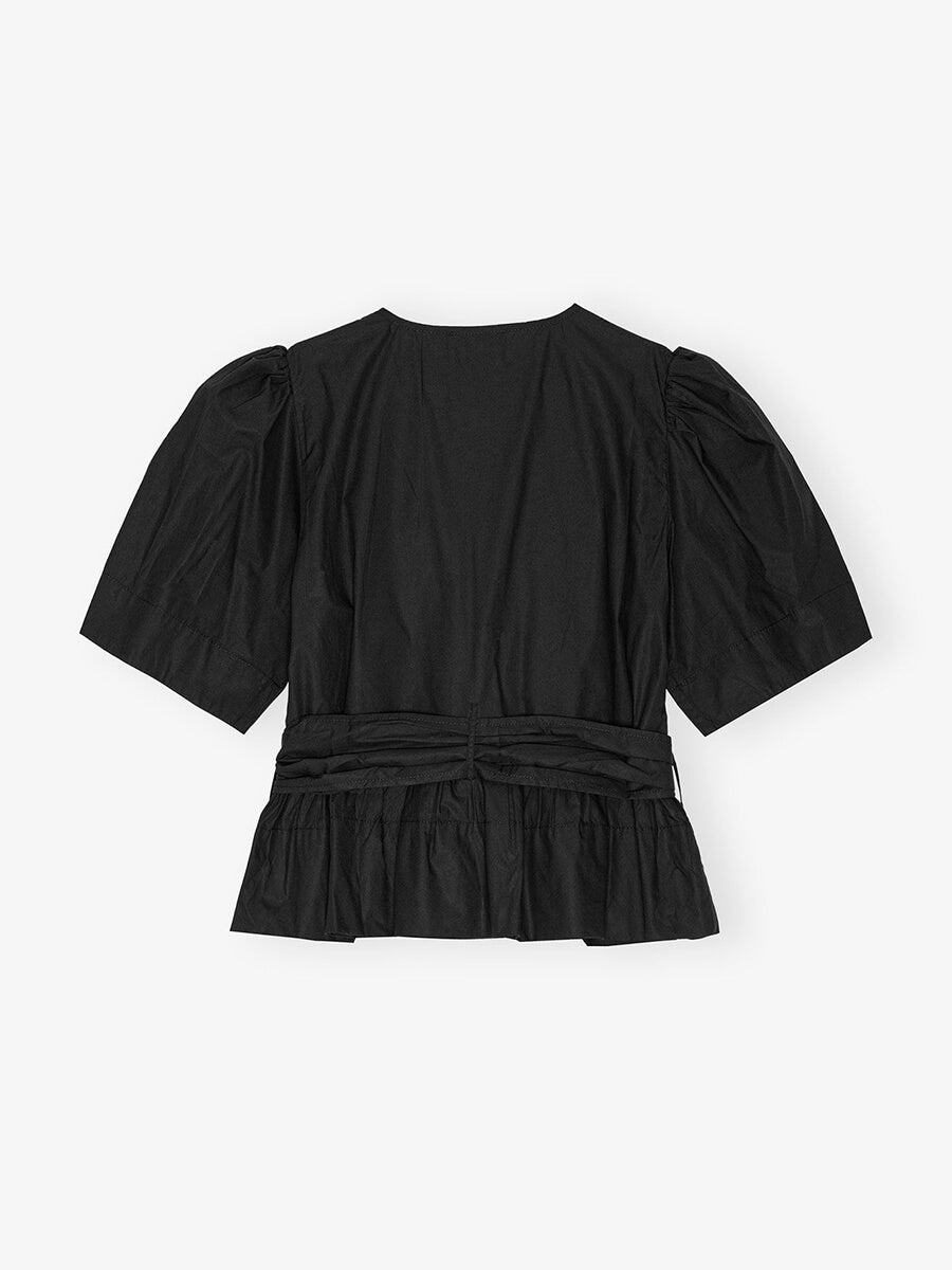 Ganni Stretch Cotton Tie Strap Blouse - Black