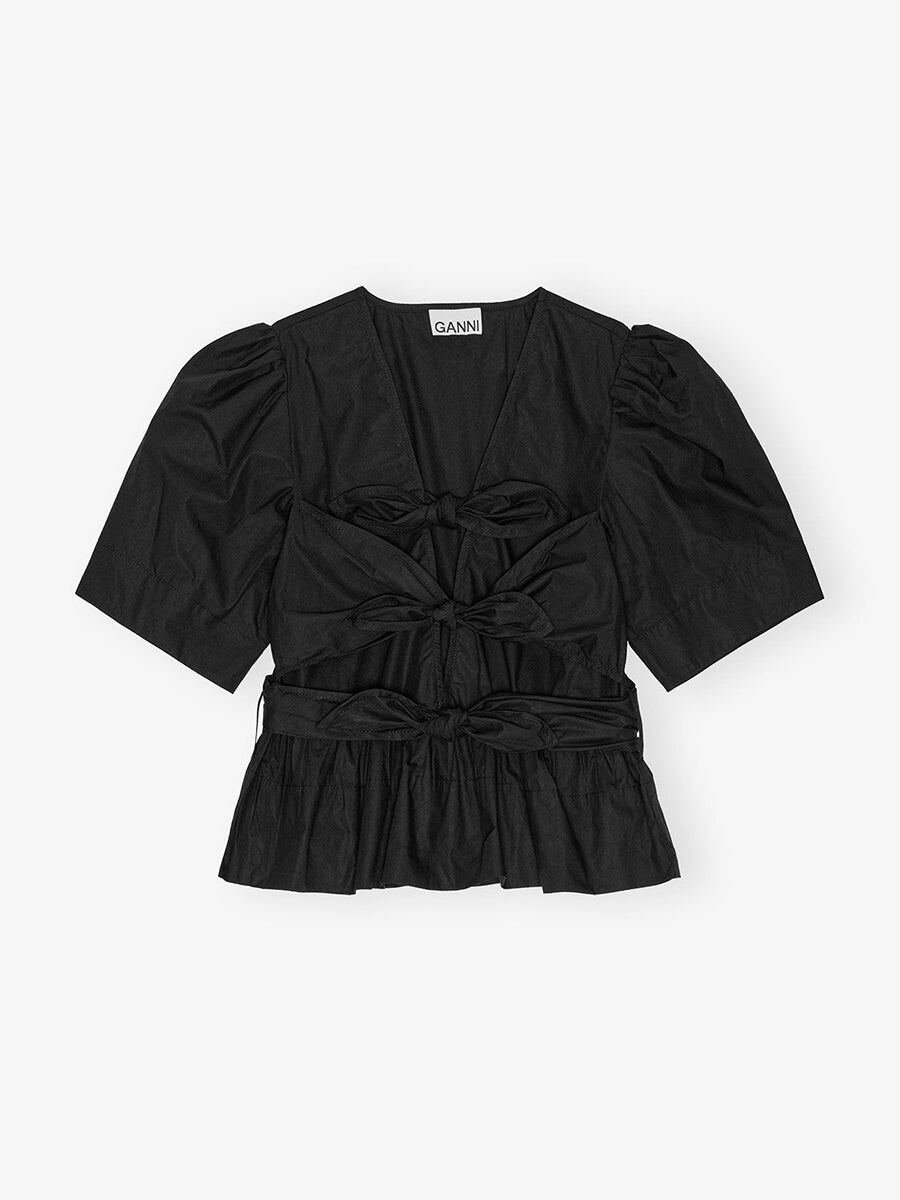 Ganni Stretch Cotton Tie Strap Blouse - Black