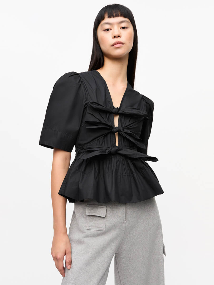 Ganni Stretch Cotton Tie Strap Blouse - Black