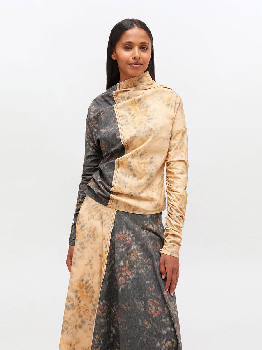 Ganni  -Black and Beige Floral Ruched Top