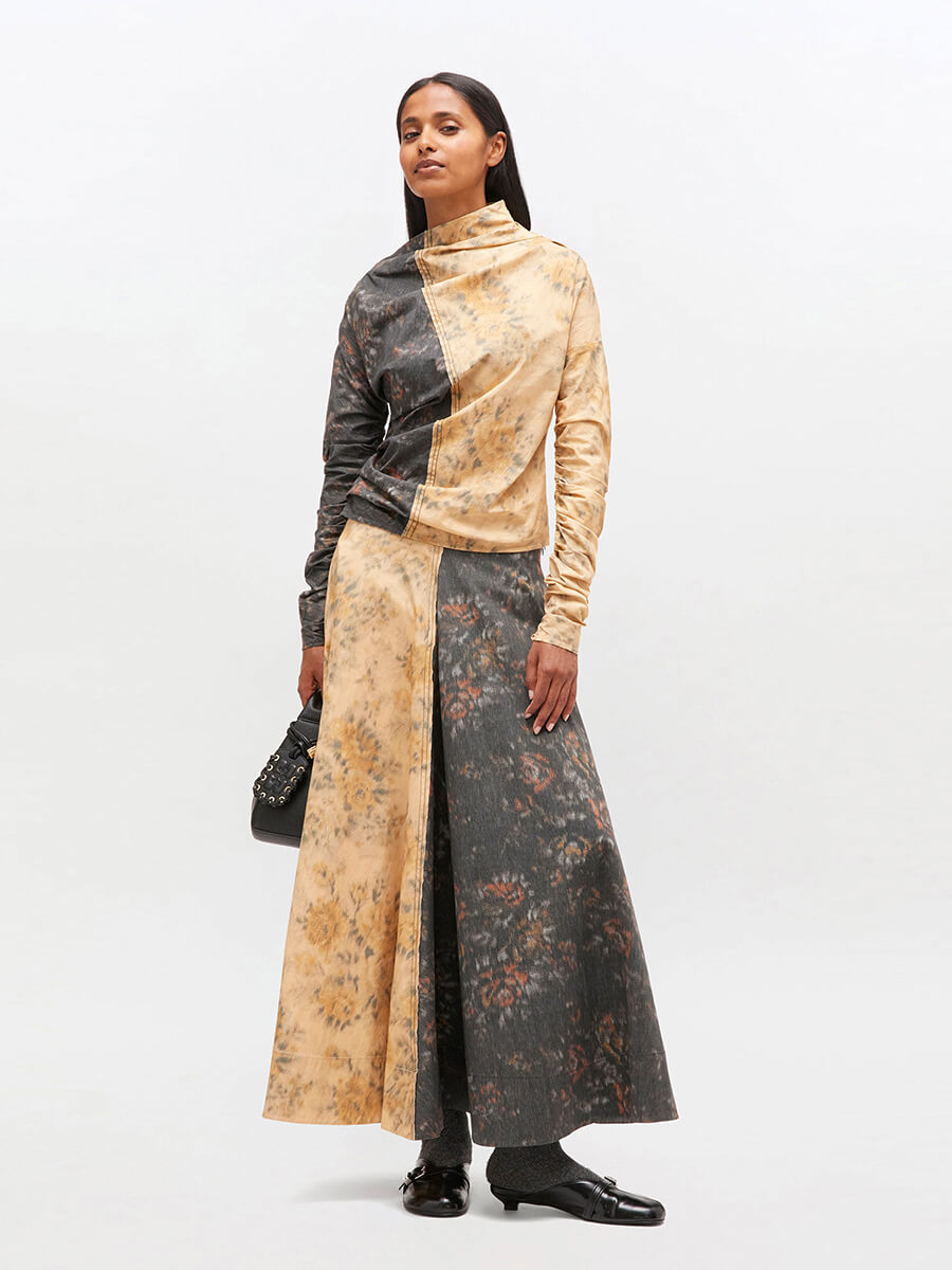Ganni  -Black and Beige Floral Ruched Top