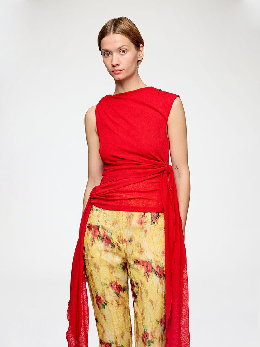 Ganni 
Marl Mesh Tie Knot Top - Goji Berry