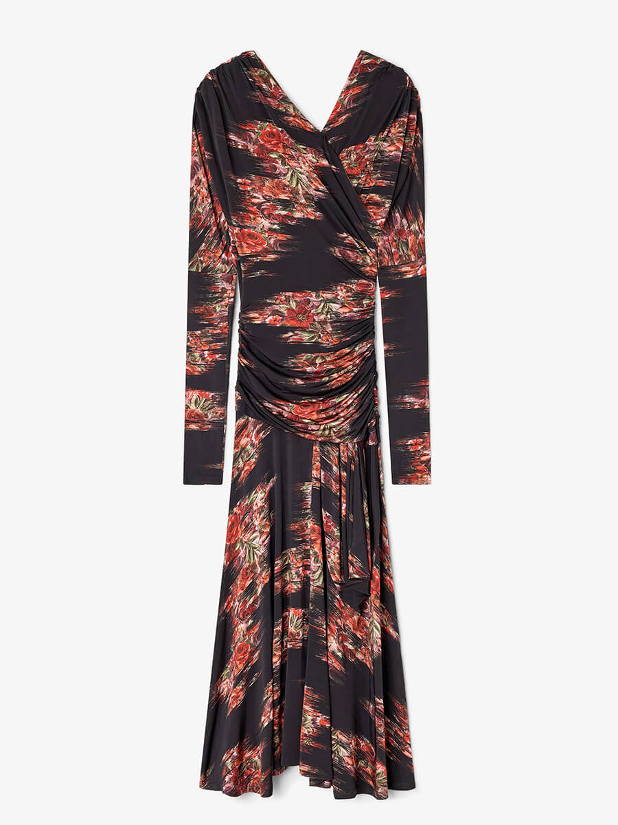 Ganni - Printed Shiny Jersey Ruched Long Dress
