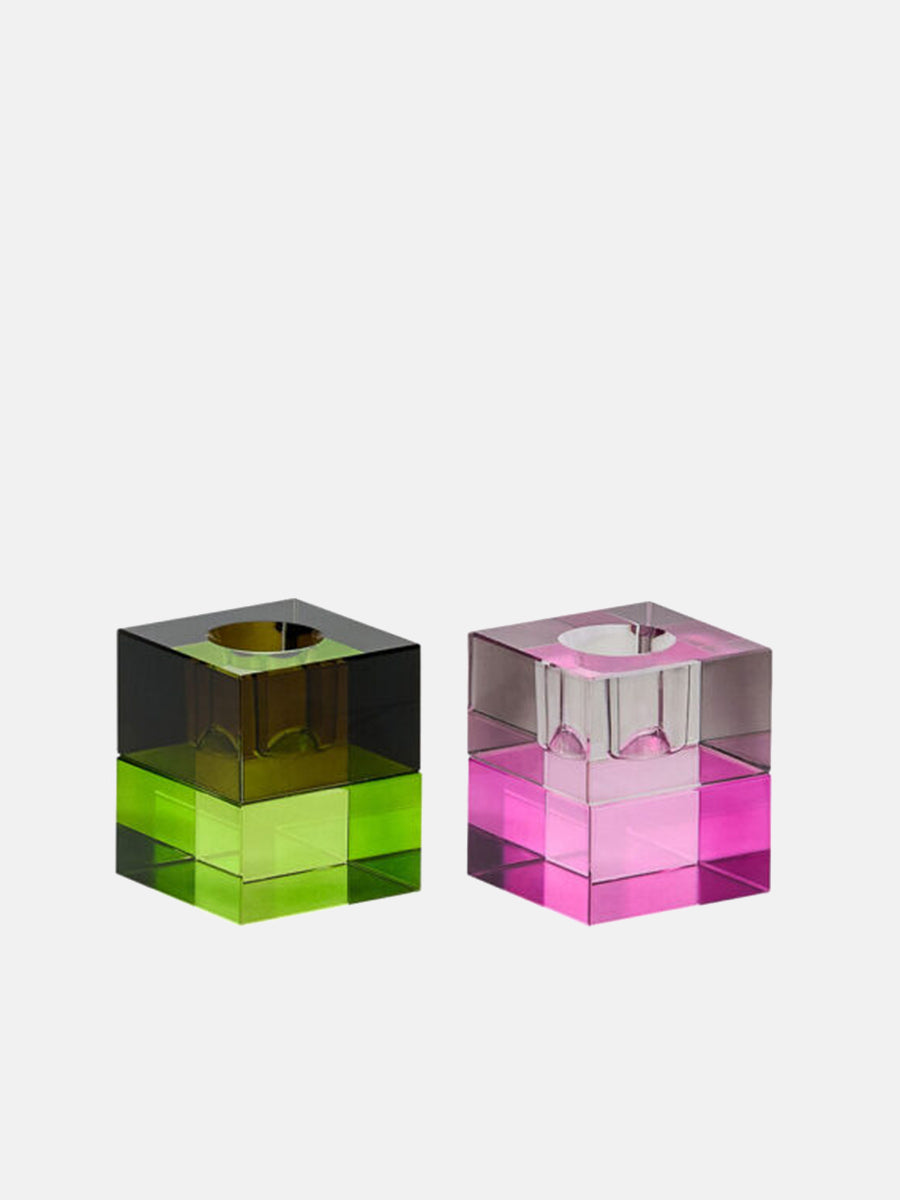 Hubsch Block Candlesticks - Brown:Green & Grey:Pink - Set of 2 