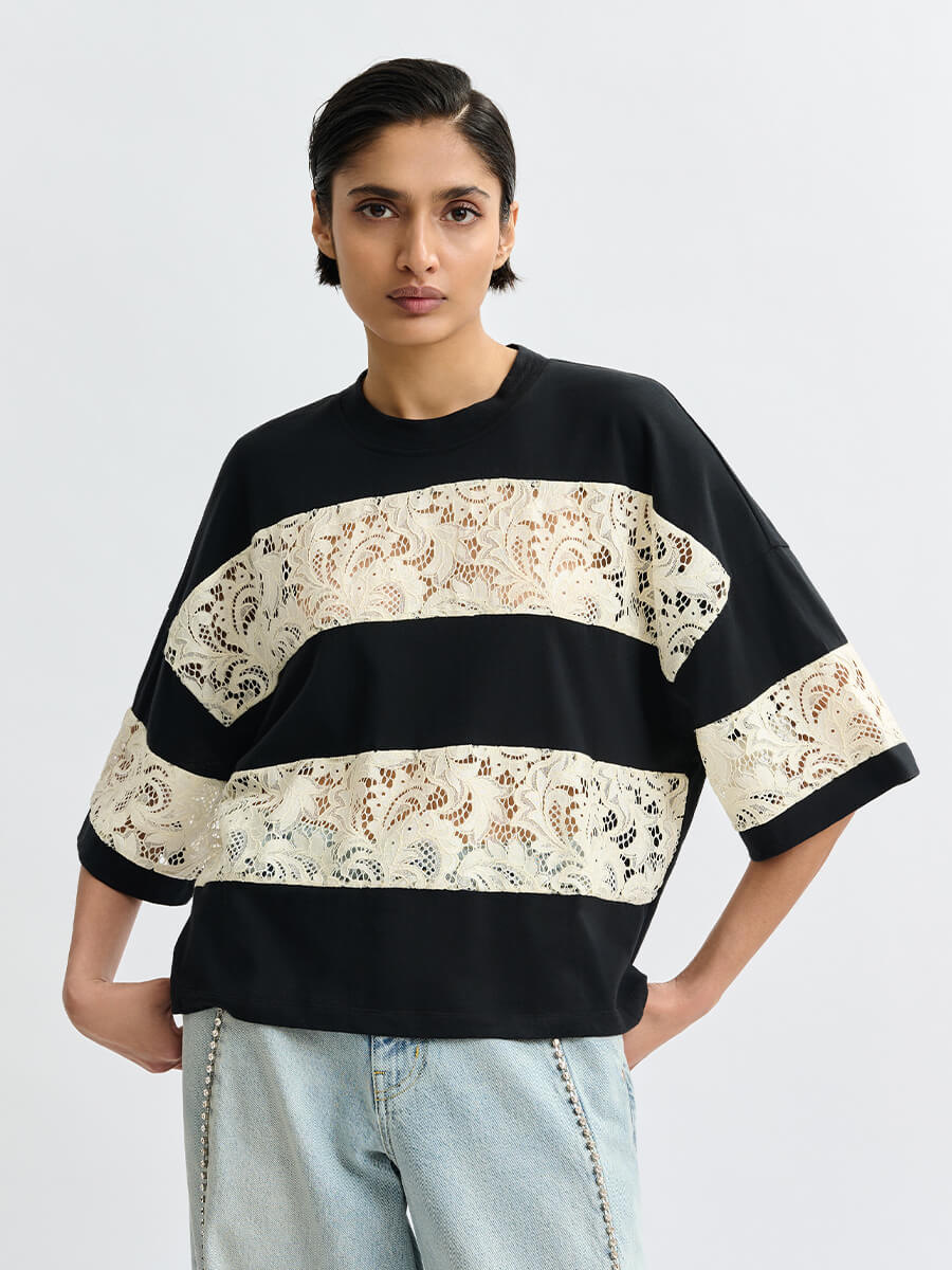 ESSENTIEL ANTWERP Jemix Striped Lace T-Shirt - Black and Off White