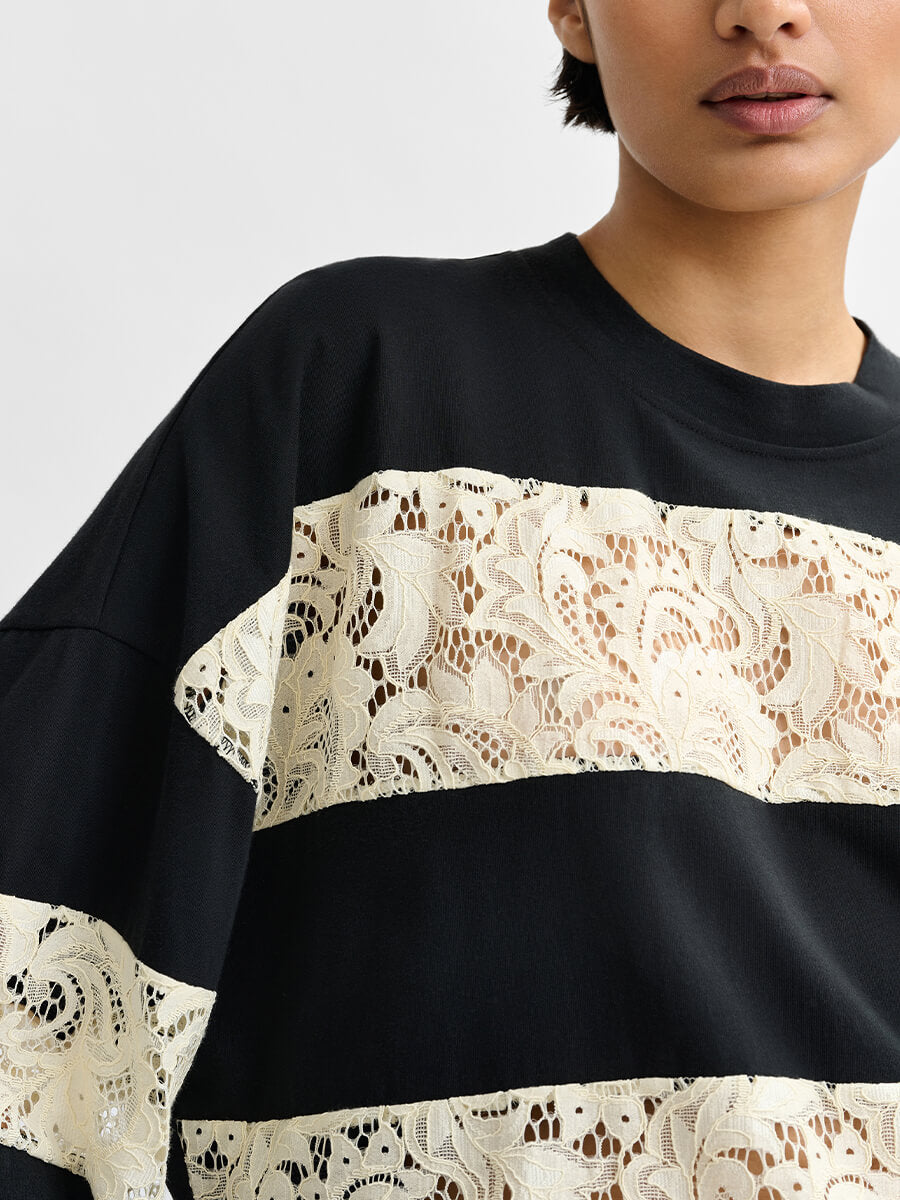 ESSENTIEL ANTWERP Jemix Striped Lace T-Shirt - Black and Off White