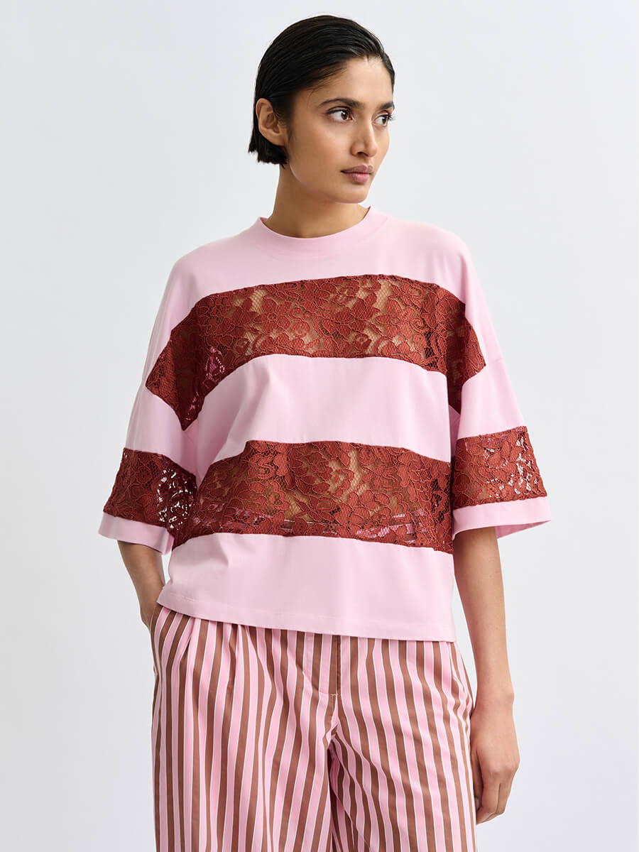 Essentiel Antwerp Jemix Striped Lace T-Shirt - Pink and Burgundy