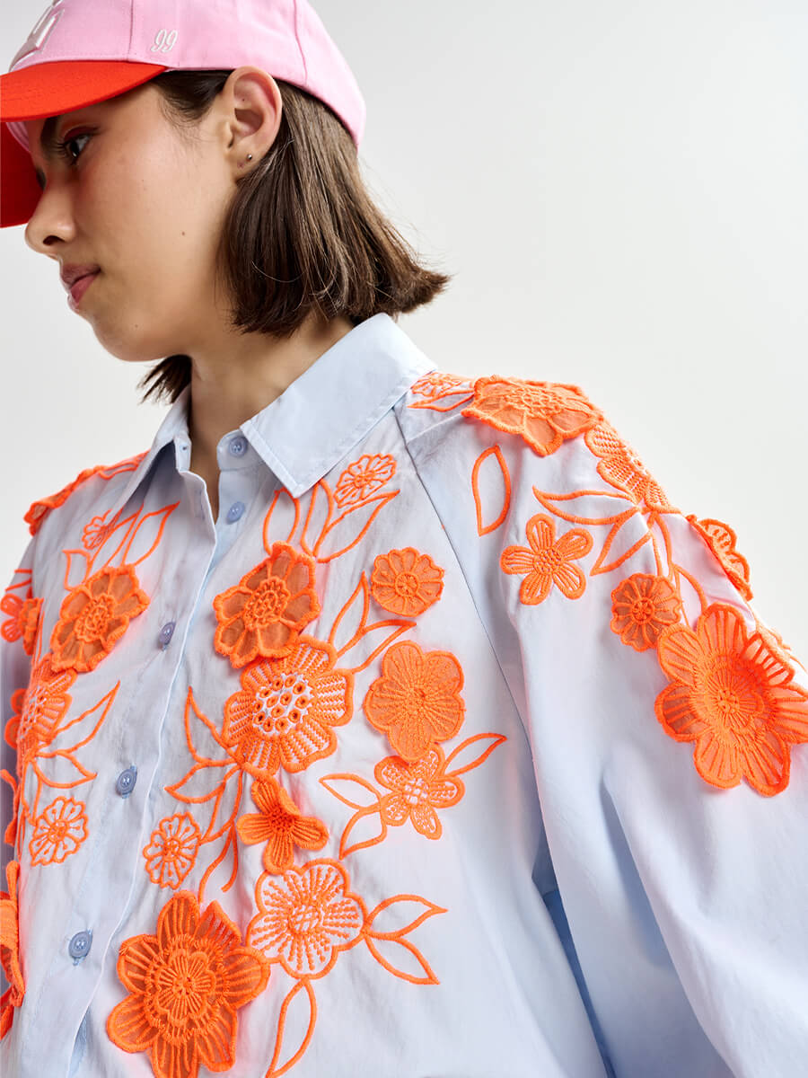 Essentiel Antwerp Joella Appliqué Flower Shirt - Blue and Orange