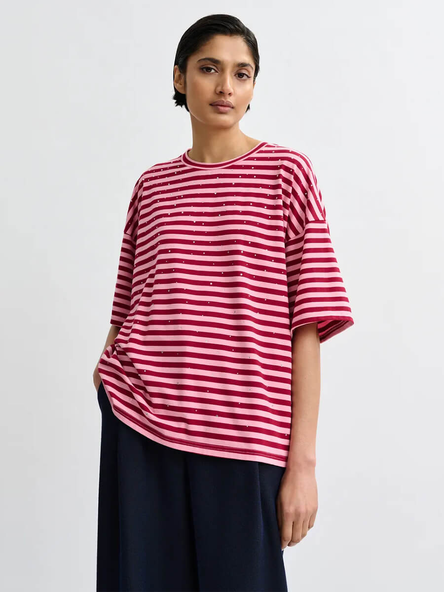 Essentiel Antwerp Joste T-shirt - Pink and Burgundy Stripe
