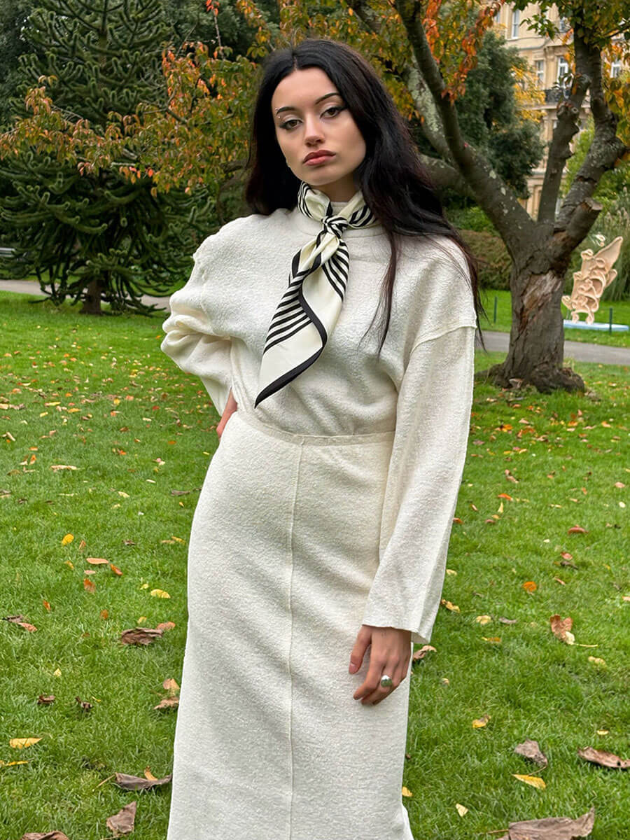 Le Scarf No. 1 - Cream  & Black - LEVETE-ROOM-LR-Icon-1-Skirt---Cream-LR-Icon-2-Pullover-Cream