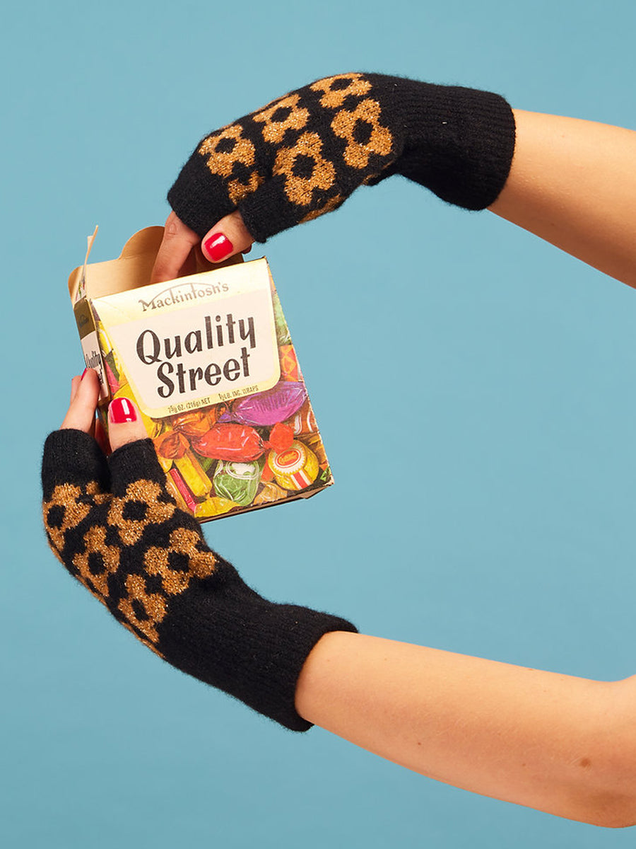 Mabel Sheppard Fingerless Mitten Gloves -Black:Gold Sparkle 