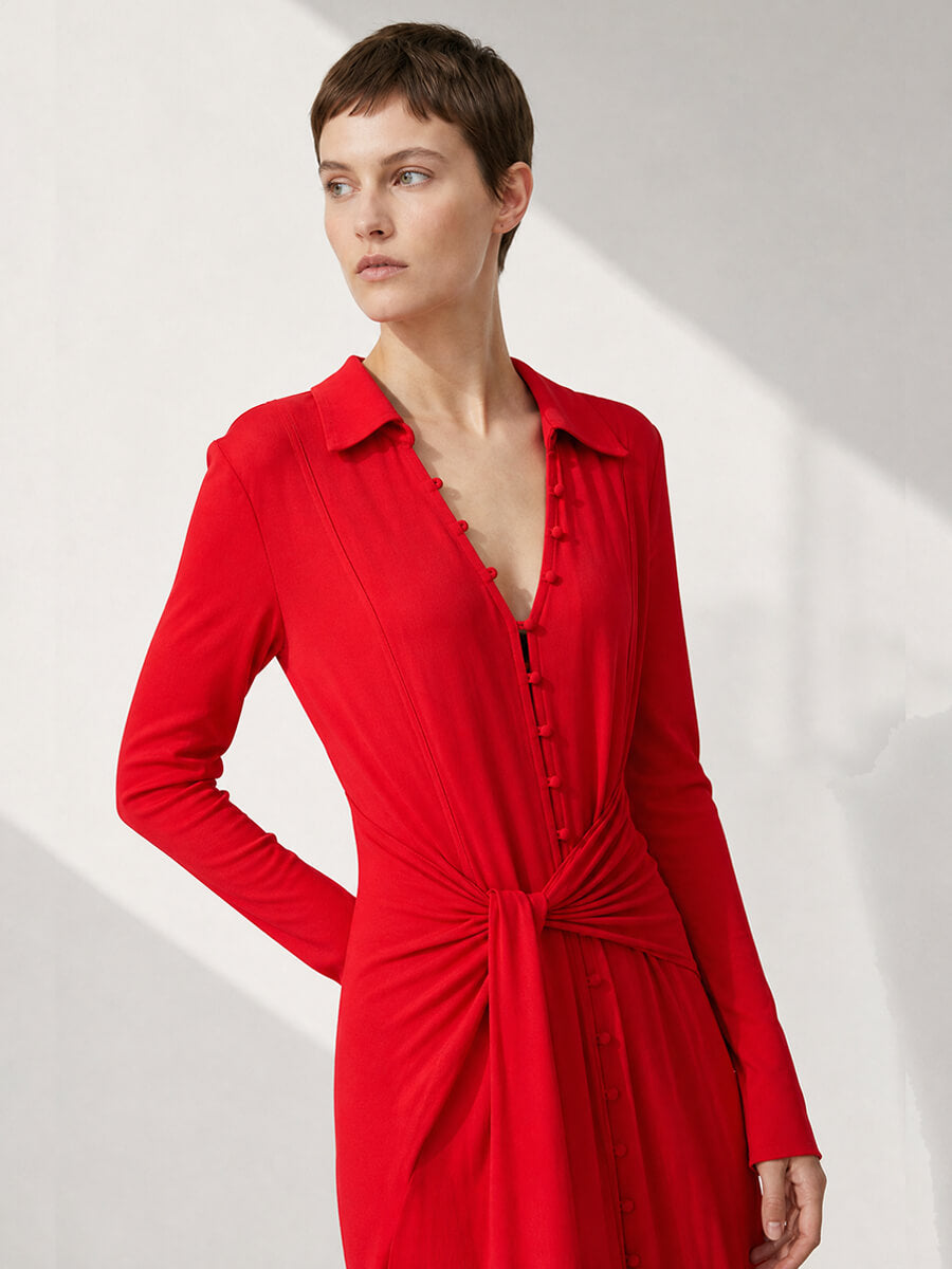 Marl Mesh Long Sleeve Maxi Tie Dress - Goji Berry