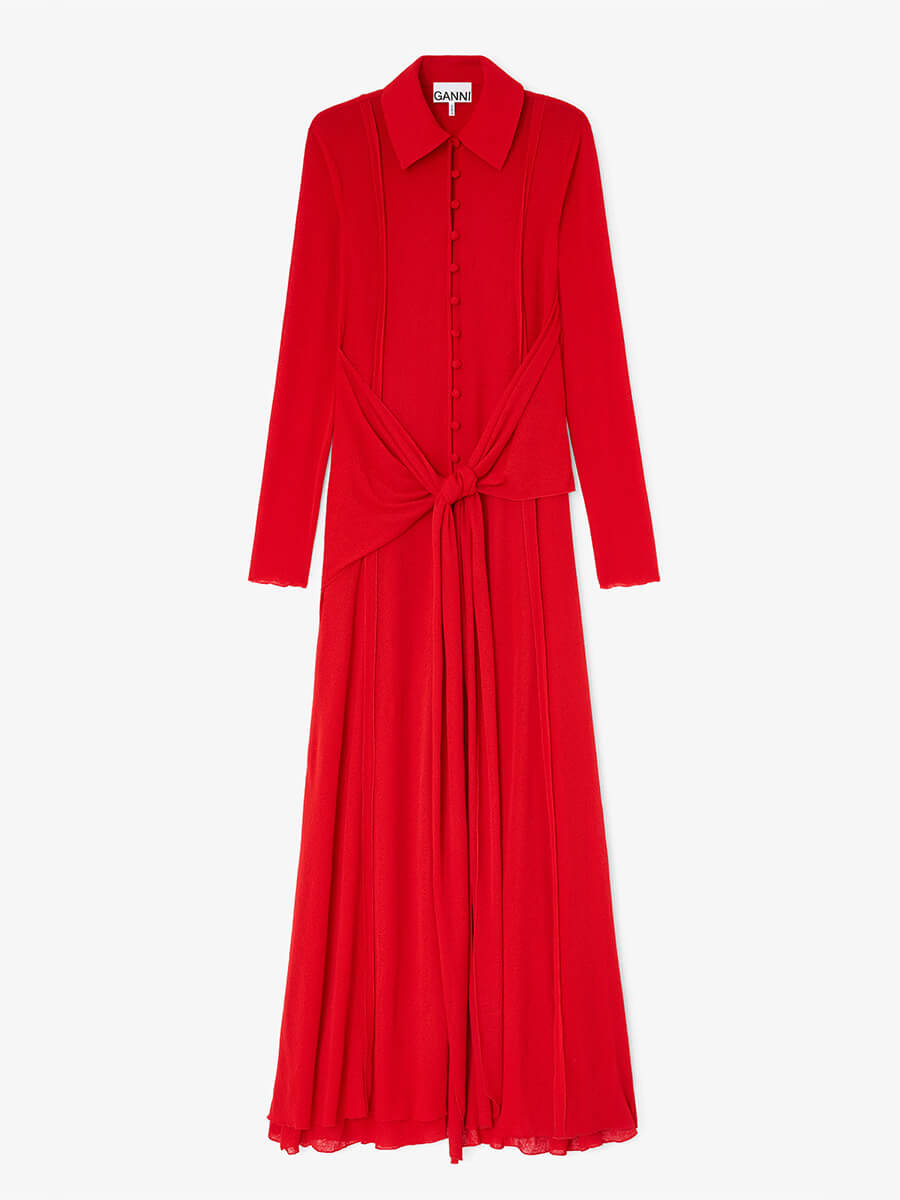 Ganni
Marl Mesh Long Sleeve Maxi Tie Dress - Goji Berry