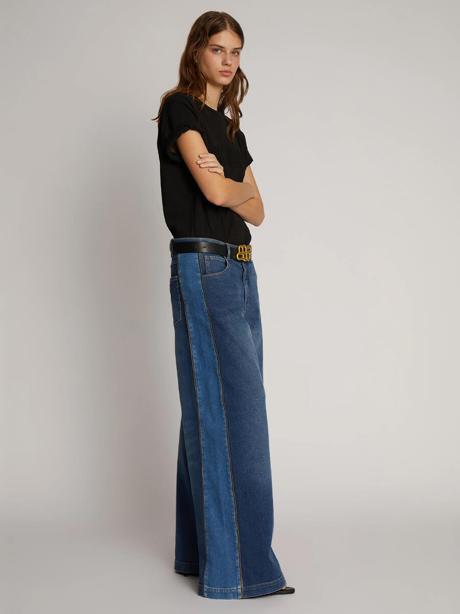 Munthe-Obbia-Jeans- Wide leg jeans in two tone denim with side zip detail