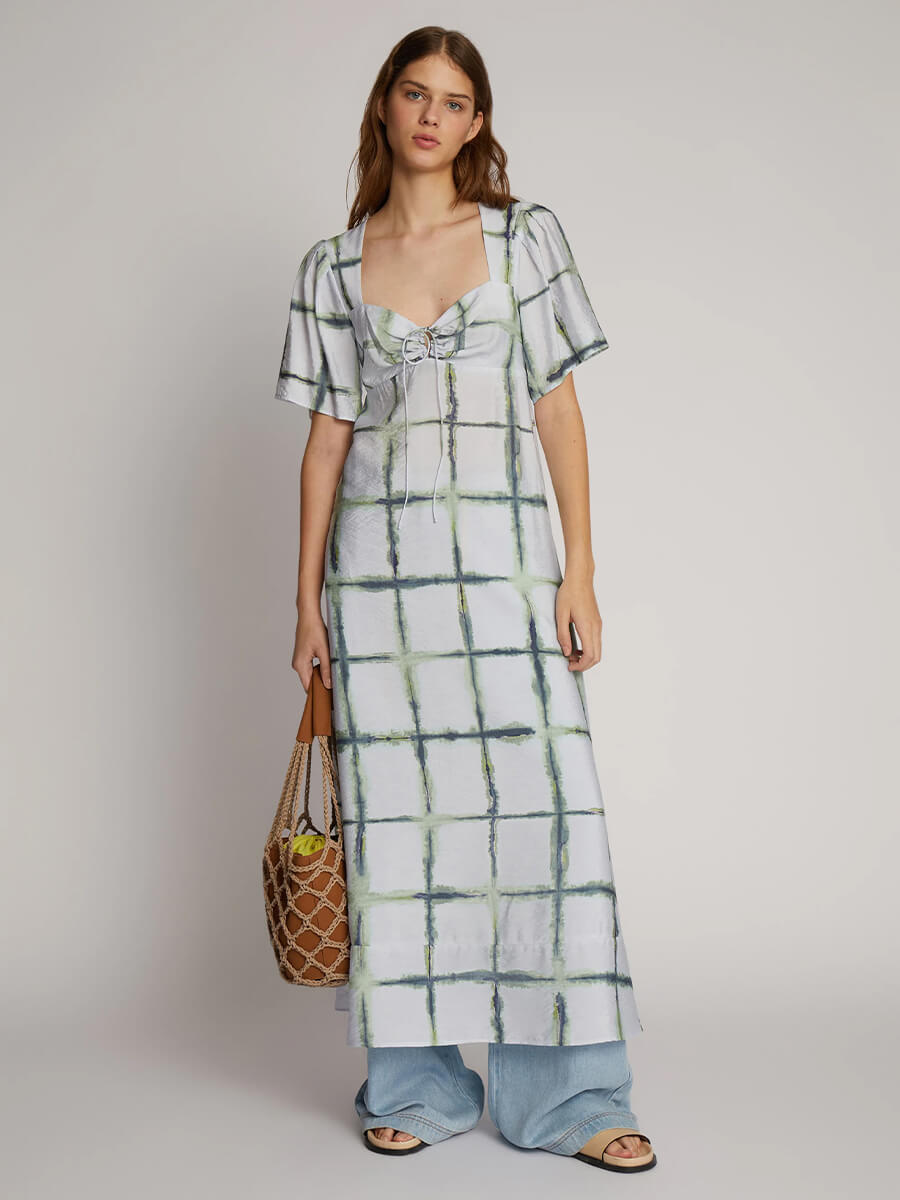 Munthe-Otussi-Dress - Blue and green check dress with tie front detail