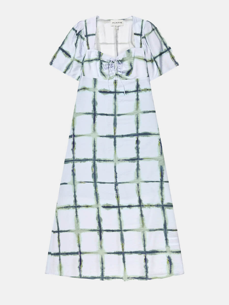 Munthe-Otussi-Dress - Blue and green check dress with tie front detail