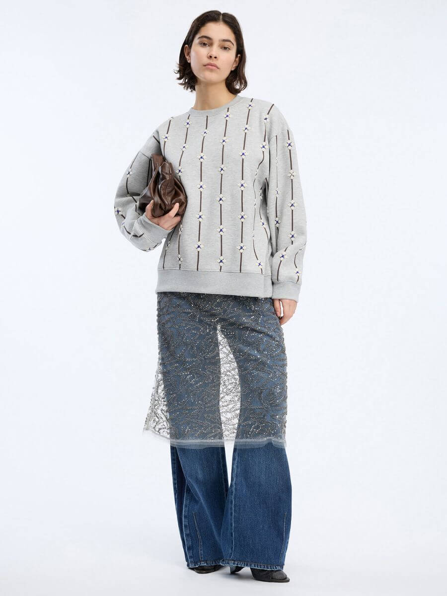 Munthe - Bohdi Jeans - Indigo styled with lace sequin dress and embellished sweatshirt