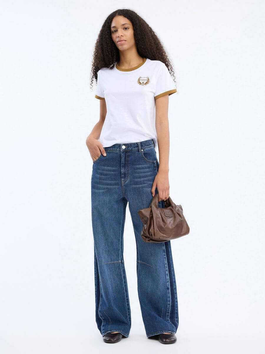 Munthe - Bohdi Jeans - Indigo styled with white t-shirt, brown slouch leather handbag and leather ballet shoes