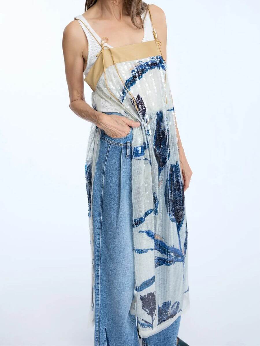 Munthe - Nara Dress - Print Kit styled with no slip over mid blue wide leg jeans and white vest top