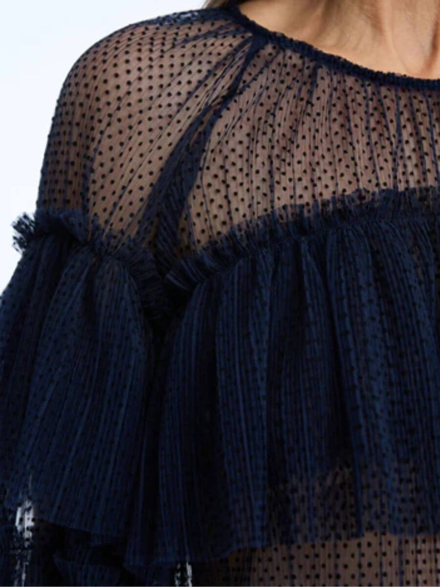 Munthe - Naria Top - Navy zoom in showing dot detail in mesh fabric