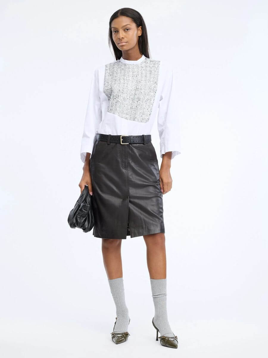 Munthe - Nayel Shirt - White Mix styled tucked into belted black leather pencil skirt with black slouchy leather handbag, grey socks and black pointed toe kitten heels