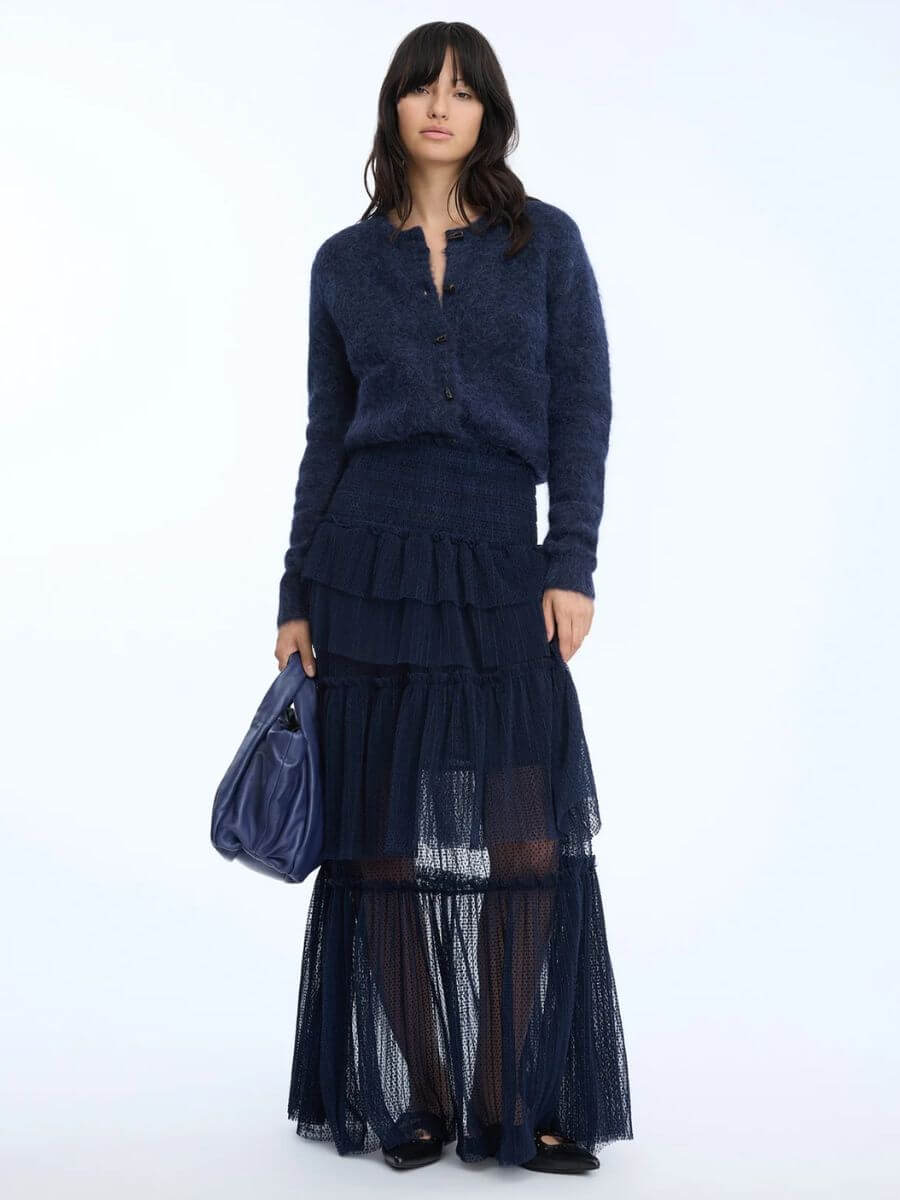 Munthe - Nessarose Skirt - Navy styled with navy cardigan, navy slouchy leather handbag and pointed toe leather flats