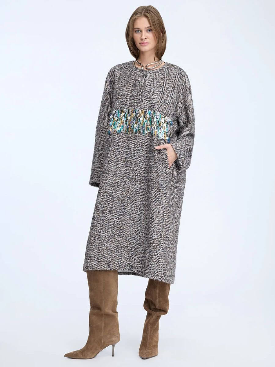 Munthe Ninella Coat styled with long brown suede stiletto boots and sculptural necklace