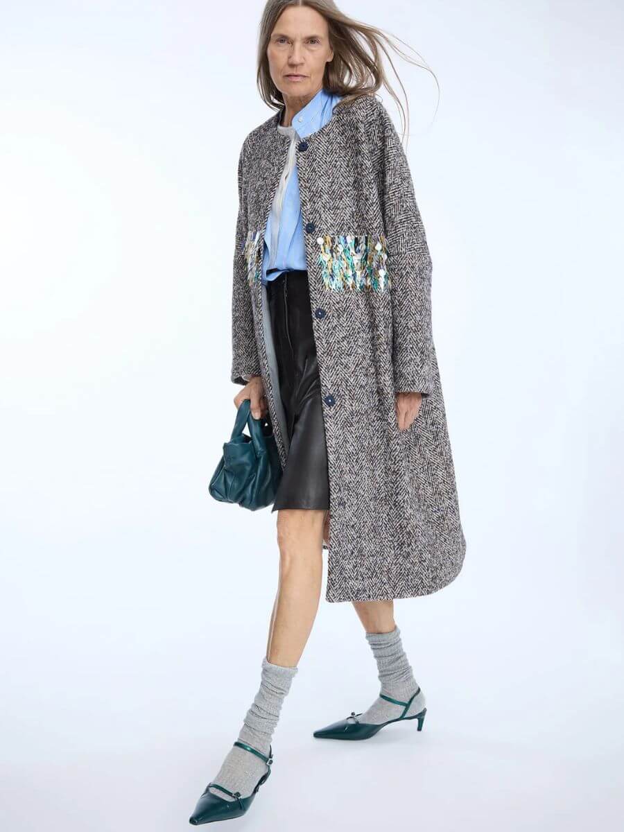 Munthe - Ninella Coat styled open over black leather pencil skirt and pale blue cotton shirt, petrol leather slouchy handbag, grey socks, petrol leather kitten heel sandals