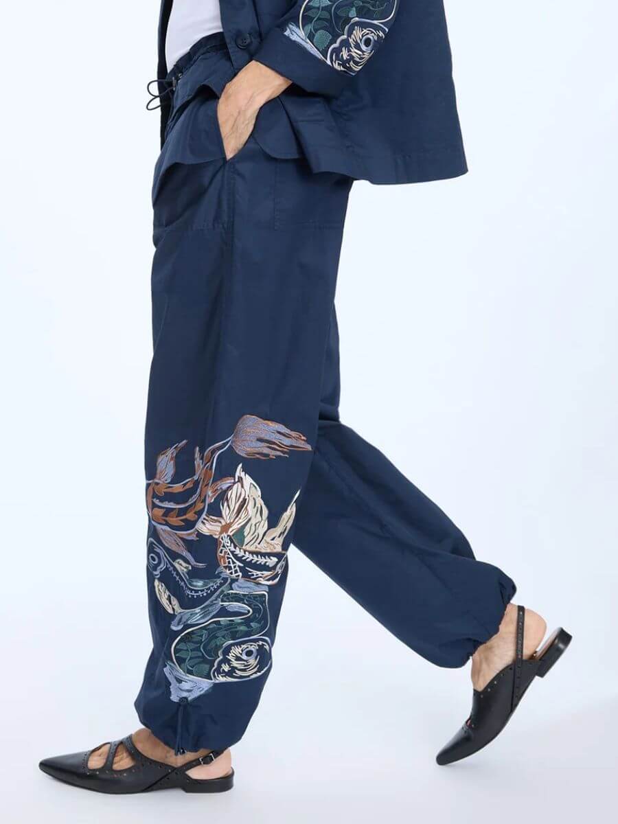 Munthe - Unform Pants - Navy side view showing Koi fish embroidery 